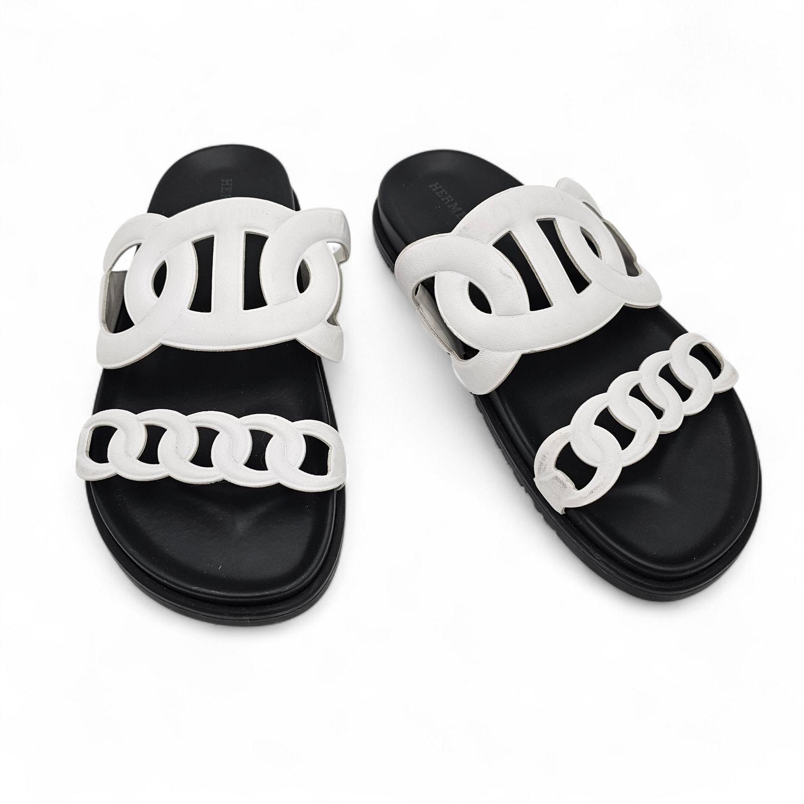 Hermes Extra Sandal Flat Slide Double Strap Black White Leather Size 38 Us 8